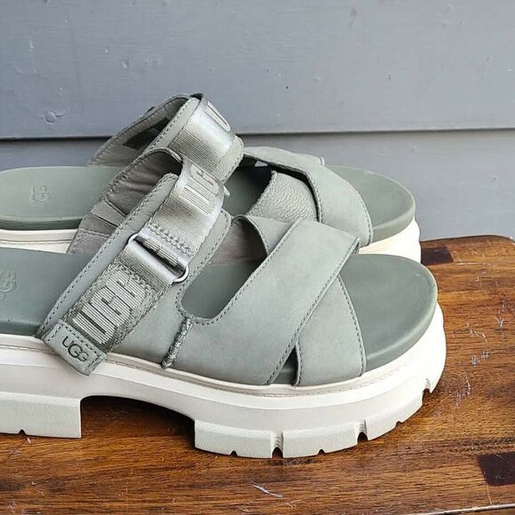 UGG Ashton Slide Gray Green Leather Logo Platform Sandals size 10
